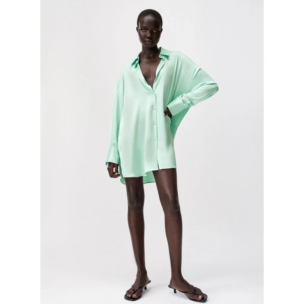 Zara Satin Effect Oversized Shirt Green Button Front XS